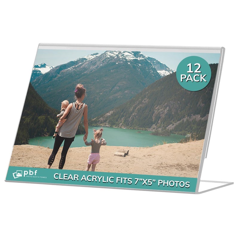 pbf PHOTO BOOTH FRAMES pbf 7x5 Acrylic Sign Holder | 7 x 5 Horizontal Stand Up Slanted Sign Holder | Acrylic Stands for Display | Clear Picture Frame, Menu Table Top Stand, Plastic Flyer Holder (12-Pack) - Image 1